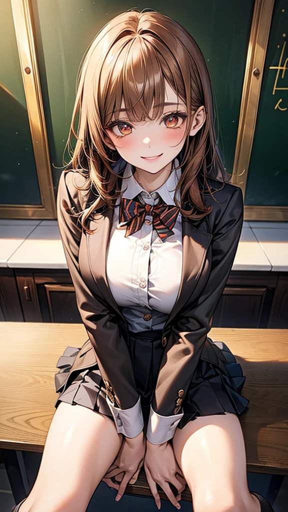4K resolution,((Highest quality)),Ultra-high resolution,young woman, alone, sexy, (Mischievous smile), (Pale golden eyes), Beautiful and symmetrical face, (Brown set medium hair),Blazer uniform,Dress shirt,Pleated mini skirt,Knee-high socks,Realistic:1.4,Realistic:1.4,(masterpiece:1.2),Perfect Eyes,Perfect Eyes,Perfect Legs,put your mouth on your hand,Open your legs a little,classroom