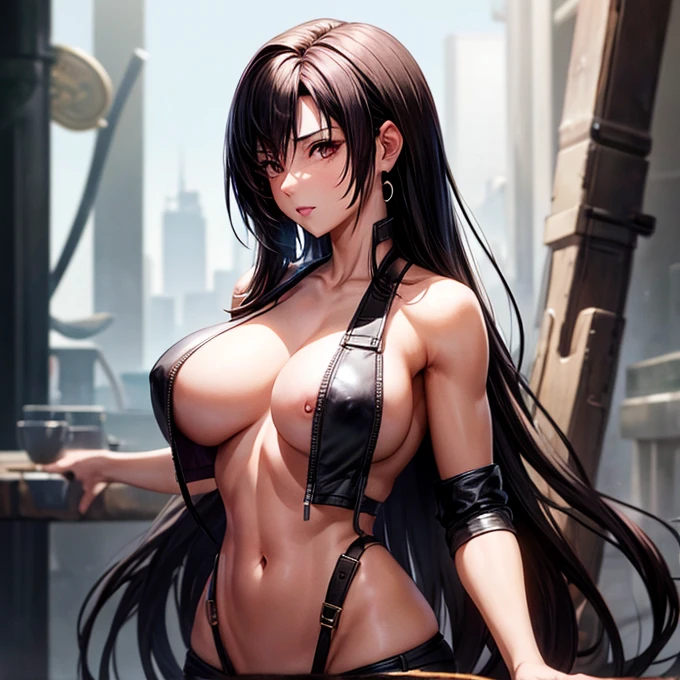 A woman with a large penis growing out of her crotch　Tifa Lockhart　A lot of semen in the chest 　Large Breasts　Upper body naked