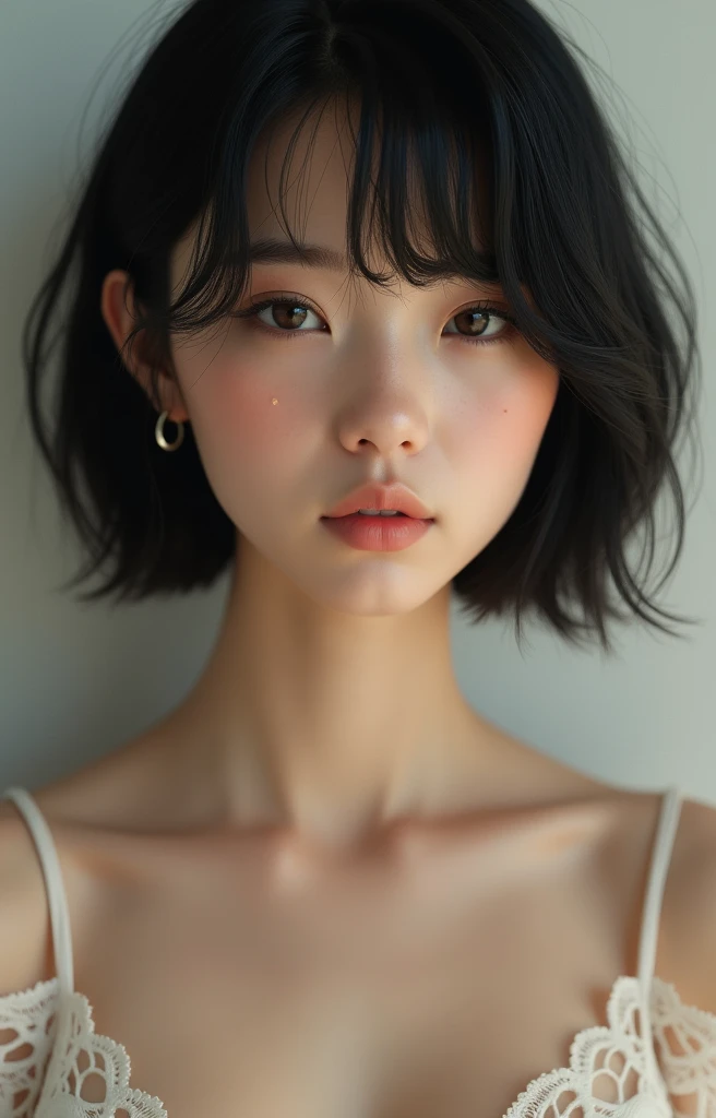 zydG, 1girl, detailed skin, looking at viewer, brown eyes, (short hair with bangs:1.2), (medium breasts:1.0), (medium areolae:0.8), 
(photorealistic:1.4), (best quality:1.0), (ultra highres:1.0), 8k, RAW photo, (masterpiece:0.2), (pureerosface_v1:0.5)