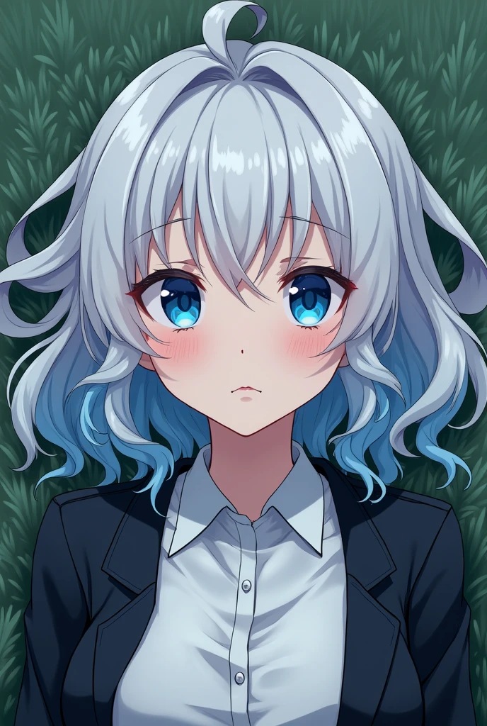 pretty girl, lying on the grass, white hair with some blue curls, the left eye is blue and the right eye is dark blue, with a white button down shirt with a black jacket, The nose is bleeding but a little, All that in anime style and with a serious expression, Please