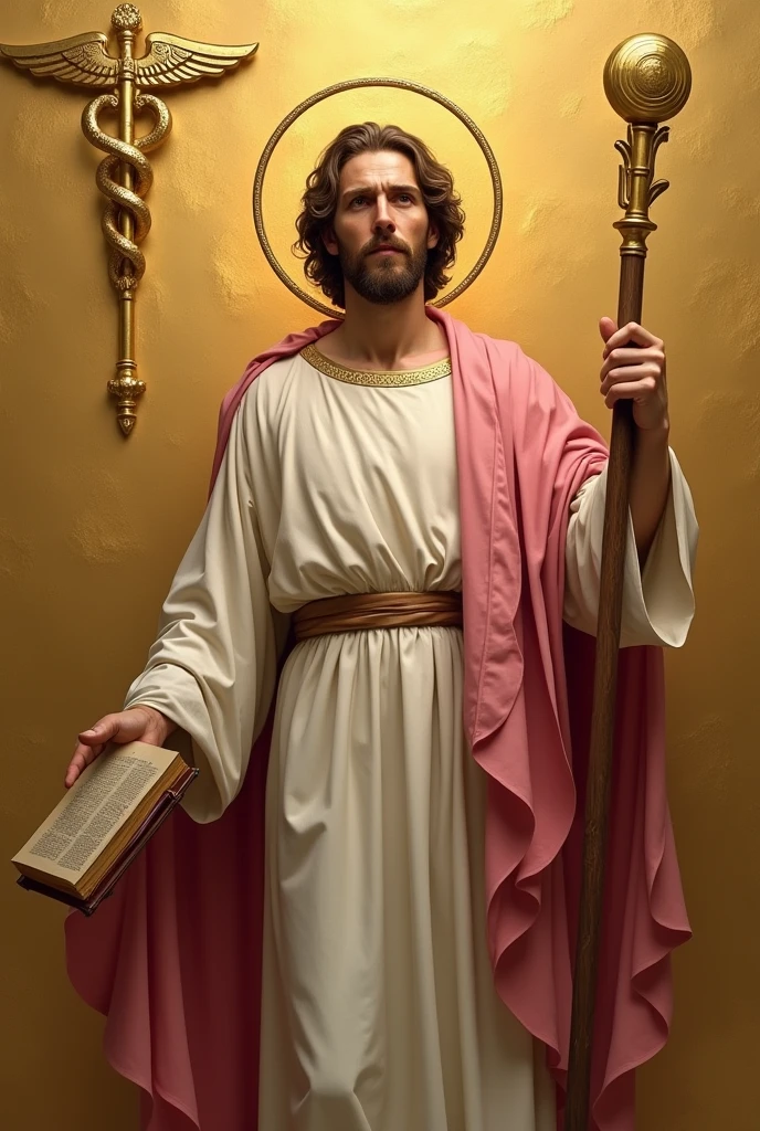 apostle saint matthew, patron of accounting, standing, with a white tunic and a pinkish red cloak, holding his gospel and his staff, and in the background a golden wall with a symbol "caduceus painted on the side"