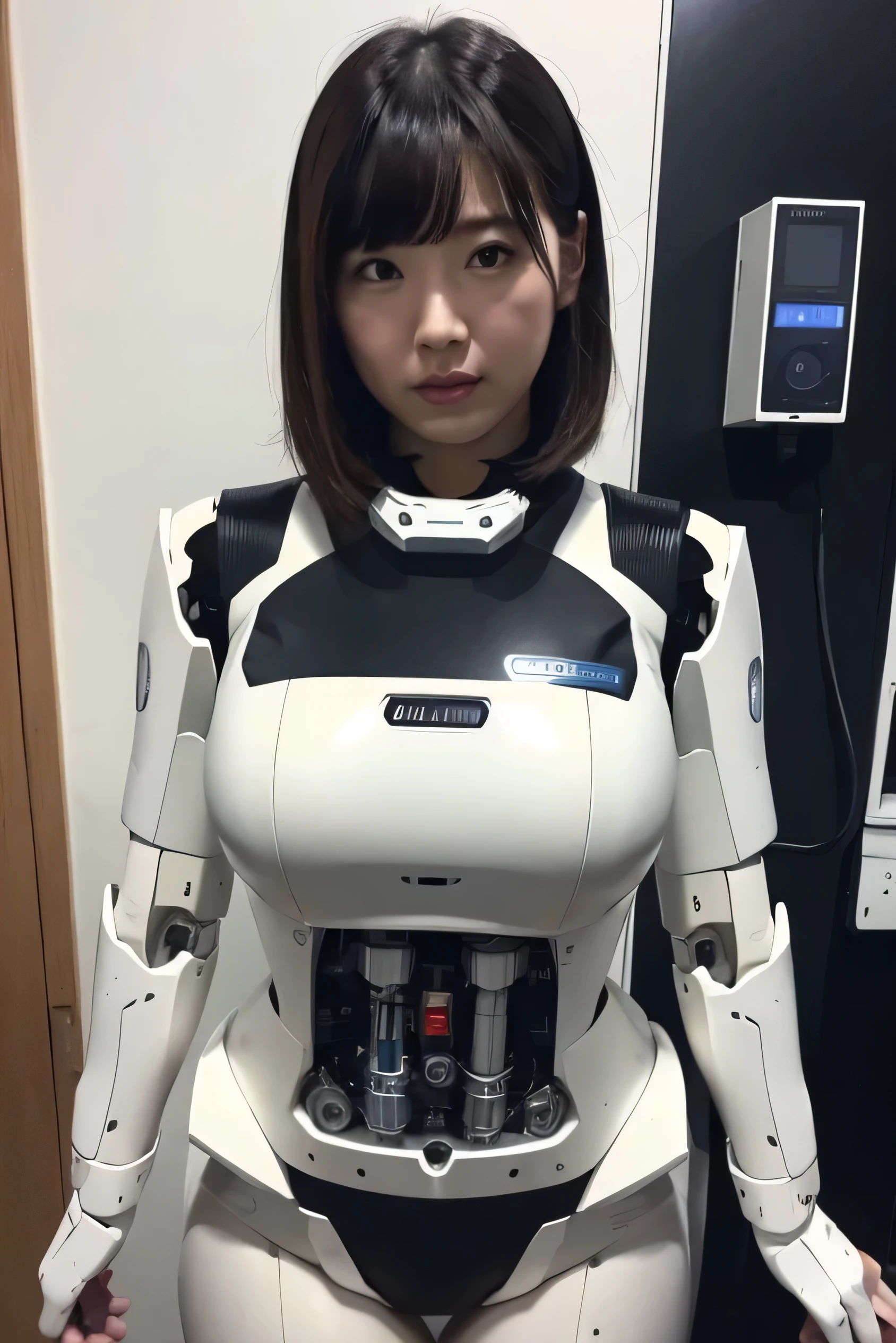 masterpiece, best quality, extremely detailed, (8K, 4K, Best Quality, hight resolution, 超A high resolution:1.1), 8K portrait,1girl in, Japaese android girl,android teacher,Plump , control panels,android,Droid,Mechanical Hand, ,Robot arms and legs, Black hair,Mechanical body,Blunt bangs,White Robotics Parts,perfect robot woman,Charging spot,Long Tube,A thick cable was connected to her neck,ceramic body ,android,robot humanoid,a bit chubby,panty,perfect mechanical body,white robotics body,future assembly plant,white body,She has repaired,black sponge joints,android assembly plant,android,laboratory,perfect machine body,white robot body,perfect cyborg girl,hypnosis,blank eyes