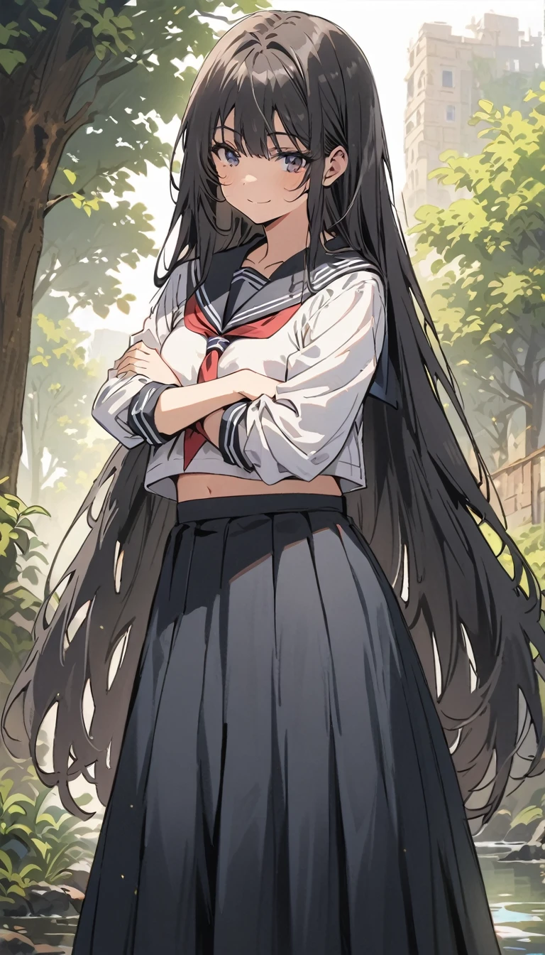 high school girl　beauty　Black Hair　Straight Long Hair　smile　Glare　frivolous attitude　Black Sailor Suit　Long skirt　Roll up your sleeves　belly button　Cross your arms　Bruises　injury　scar　Riverbank　Photograph the whole body