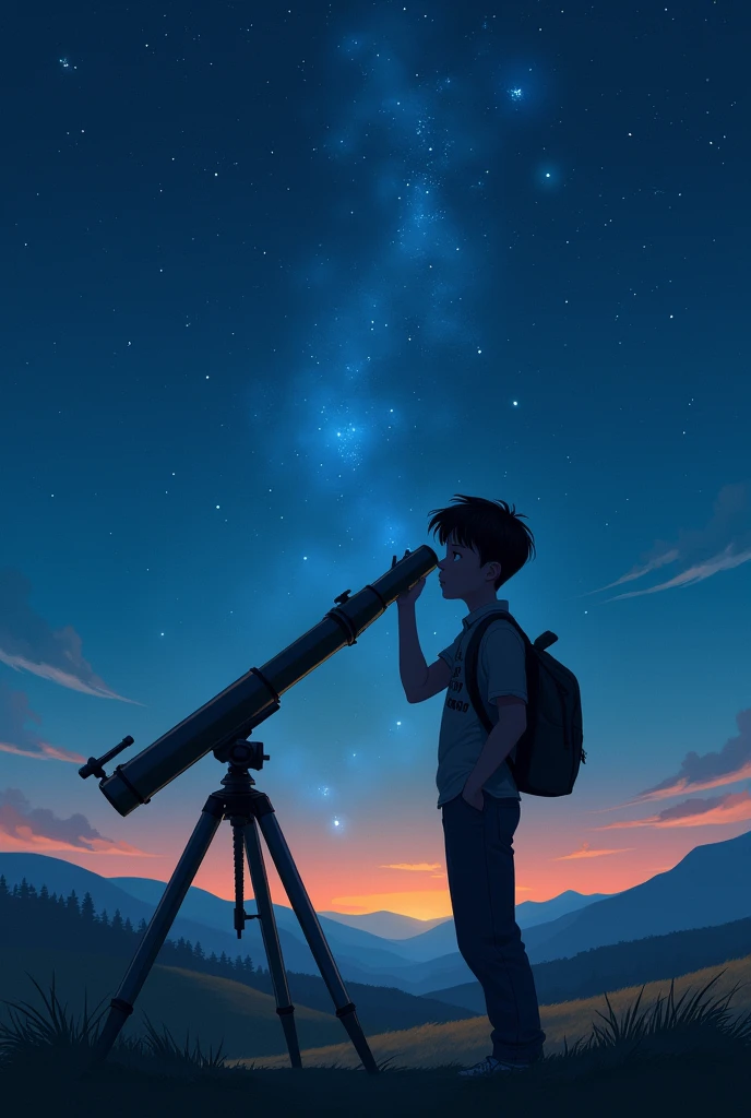 (Bradley with a telescope looking at the stars 