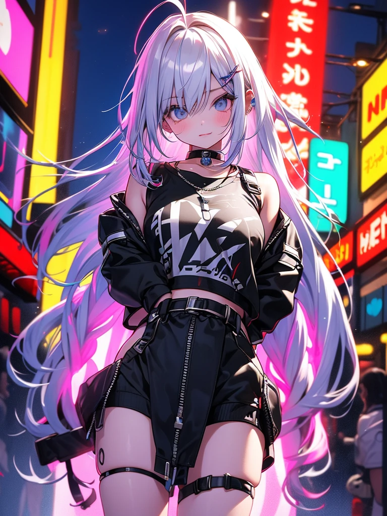 8k,silver hair,In a vibrant cyberpunk beach scene with neon signs glowing in the background, a cool and cute girl is dancing in summer fashion. Her movements cause the surrounding light to reflect dynamically.ヘッドセット。グローブ。Pretty