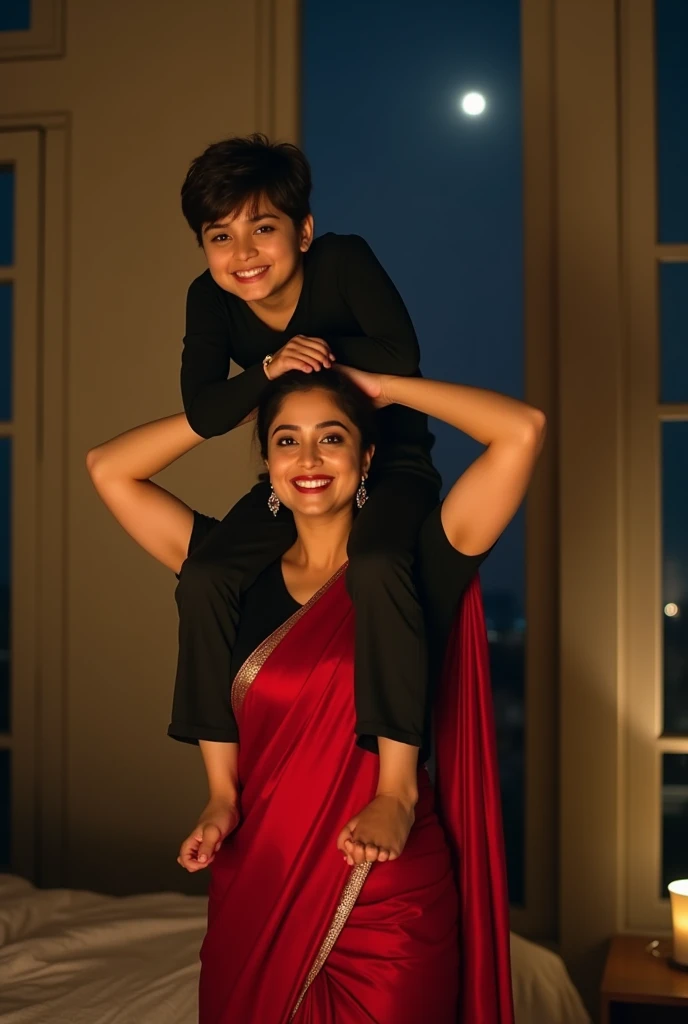 Beautiful and Slim Indian woman Aishwarya Rai in black blouse red satin saree , lifting a large chubby man above her shoulders, man is sitting on woman's shoulders, natural smile, in a bedroom with high ceiling at night