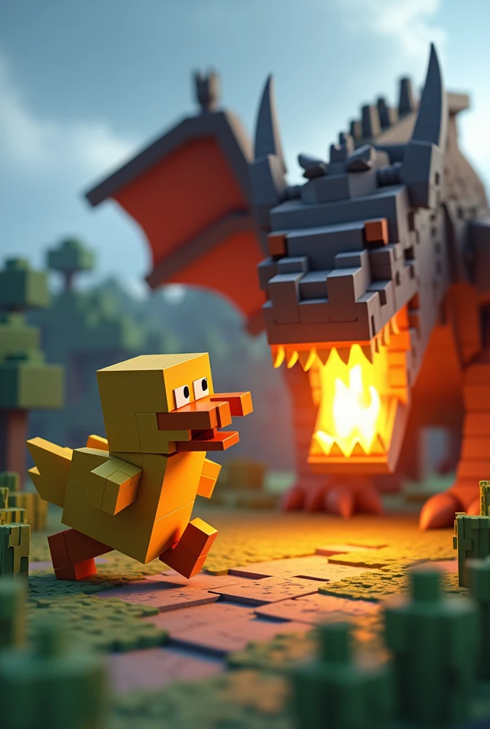 a Minecraft duck running away from a fire breathing dragon, Horizontal image.
