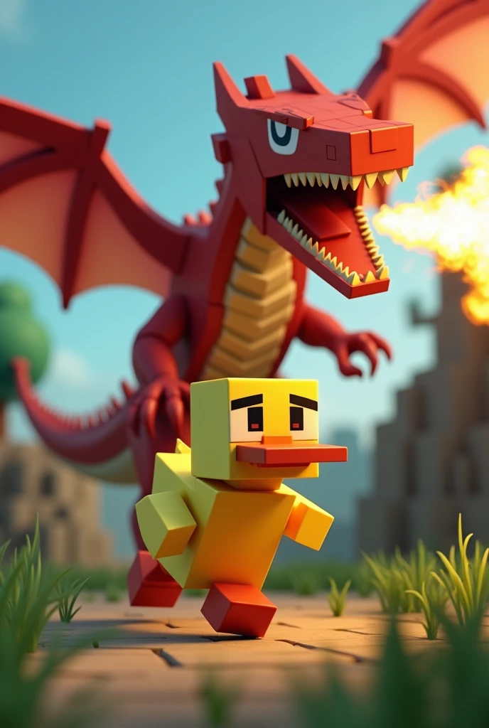 a Minecraft duck running away from a fire breathing dragon, Horizontal image.