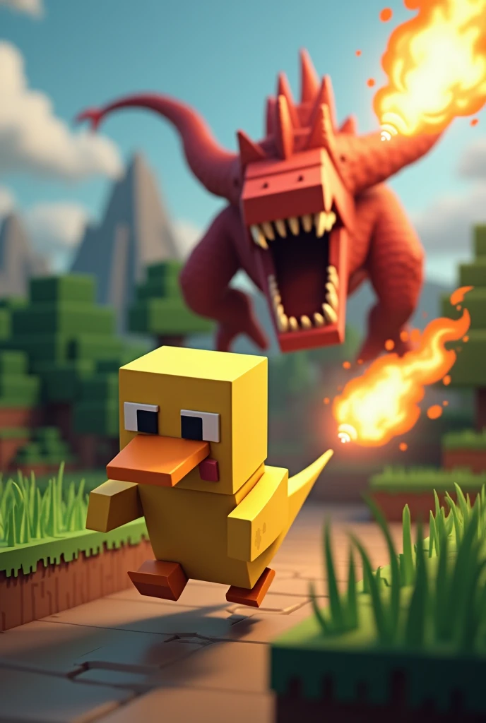 a Minecraft duck running away from a fire breathing dragon, Horizontal image.
