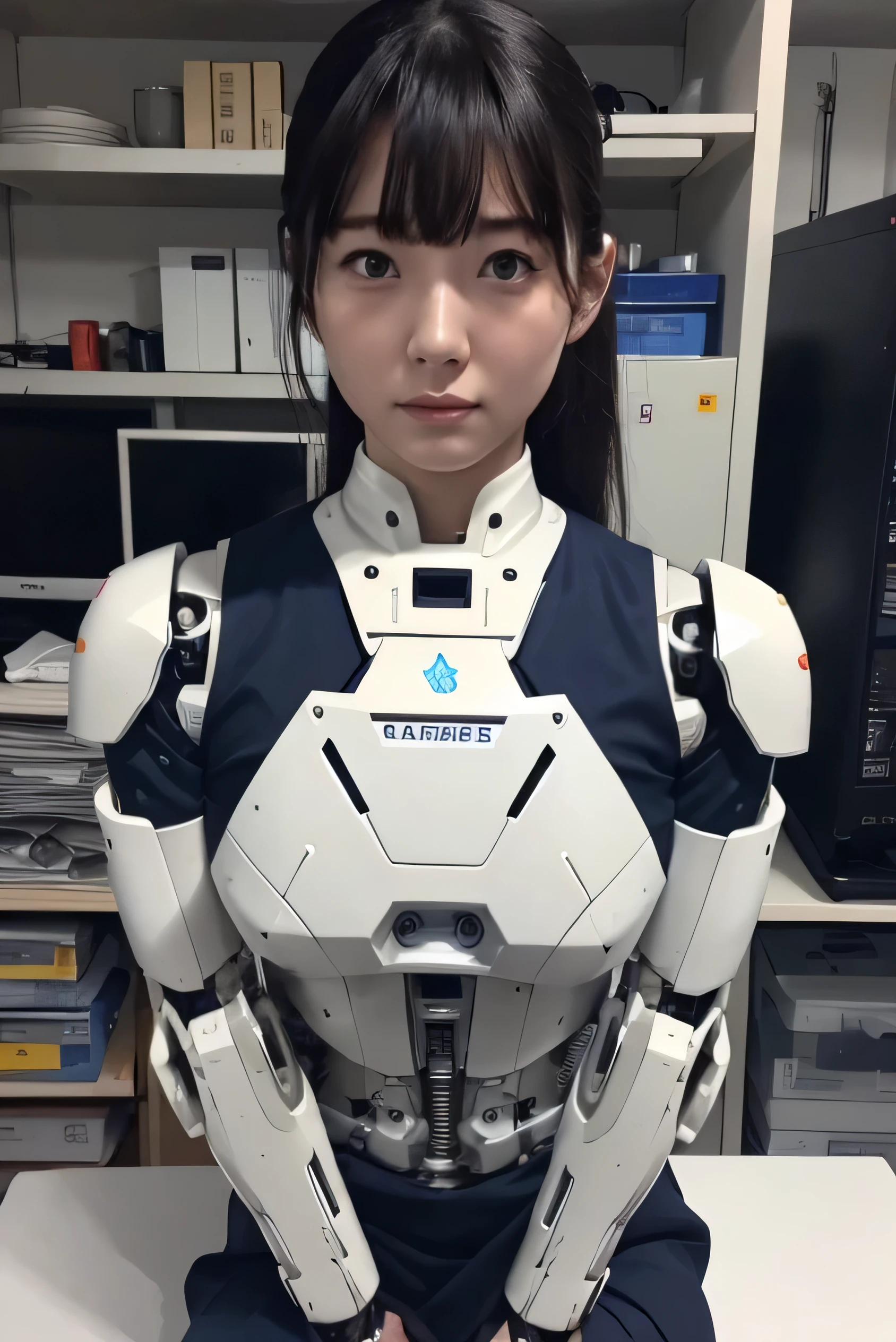 masterpiece, best quality, extremely detailed, Japaese Cyborg Girl,Plump ,navy pleated miniskirt,black tights,control panels,android,Droid,Mechanical Hand, ,clothes with a sense of mechanical technology, Robot arms and legs, Black Robot Parts,Black hair,Mechanical body,Blunt bangs,White abdomen,White robotics parts,tube dress,perfect robot woman,future laboratory,cyber pank,charging spot,android factory,robot factory,cyborg factory,long tube,thick cable connecting her neck,ceramic body ,blue eyes,smechanical body, android,robot humanoid,office-lady