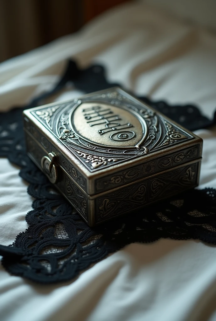 A mysterious metal box with carvings on the outside. An inscription in a strange language on the forehead. The hand-sized box is on top of a pair of black lace panties on the bed.. The panties have a bow in the sample. Blurred room background