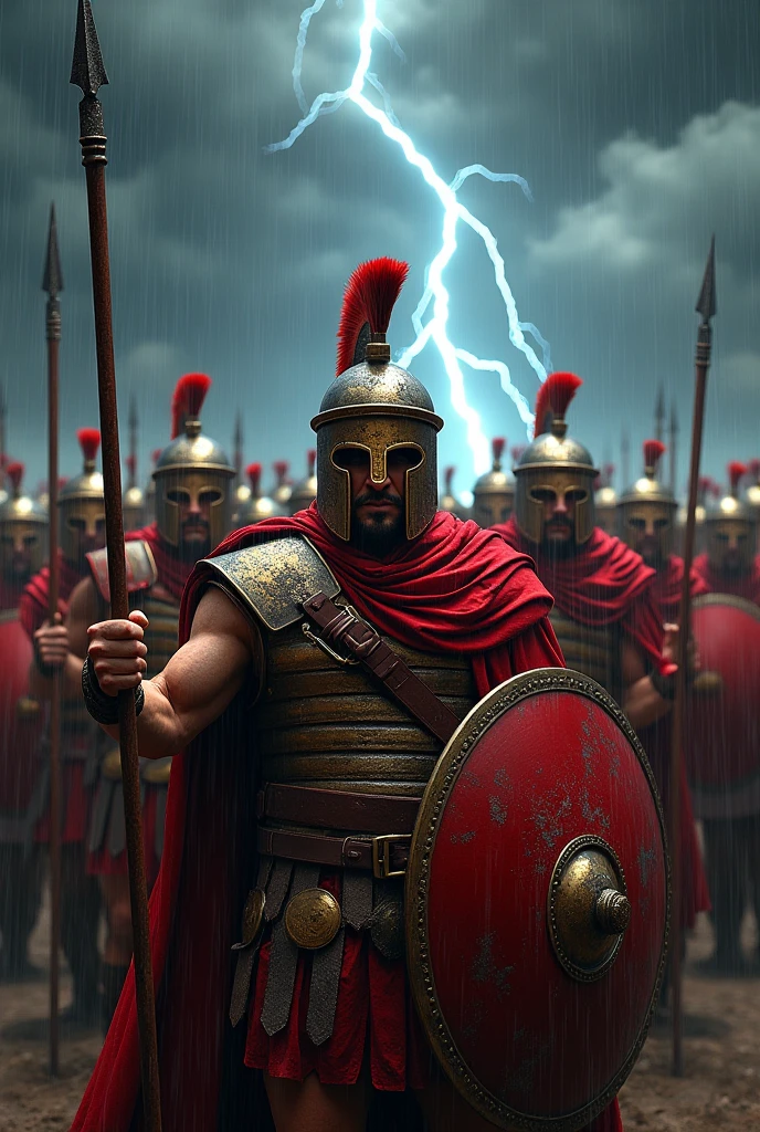 Spartans with red costume prepared for battle back ground rain and thunder storm lightningstrike