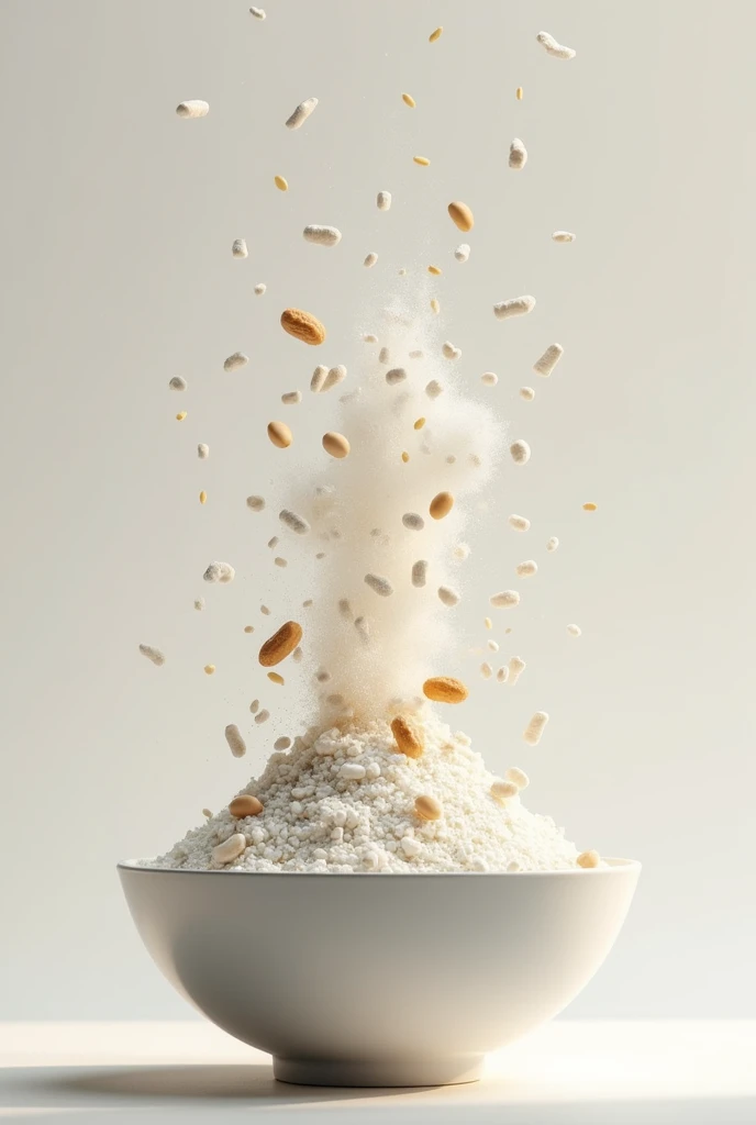 A bowl full of white powder. Falling rice, peanut and white sesame