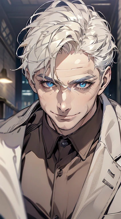 (best quality, masterpiece, 8K, photorealistic, cinematic lighting, hdr image, ultra detailed, beautiful image), 1 man, 3, mature man, very handsome, (without expression, smile), short white hair, blue eyes ( penetrating gaze), perfect face without errors, imposing posture, without errors, businessman, office background