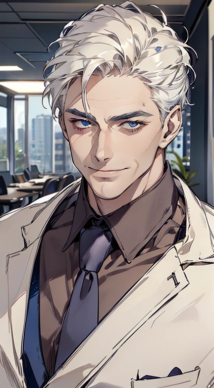 (best quality, masterpiece, 8K, photorealistic, cinematic lighting, hdr image, ultra detailed, beautiful image), 1 man, 3, mature man, very handsome, (without expression, smile), short white hair, blue eyes ( penetrating gaze), perfect face without errors, imposing posture, without errors, businessman, office background