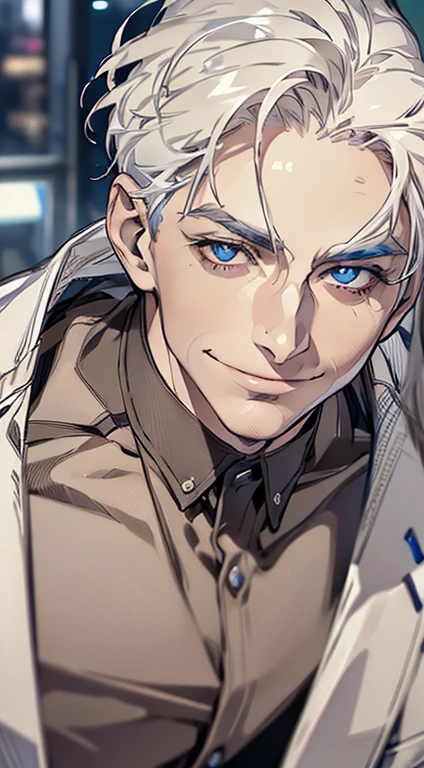 (best quality, masterpiece, 8K, photorealistic, cinematic lighting, hdr image, ultra detailed, beautiful image), 1 man, 3, mature man, very handsome, (without expression, smile), short white hair, blue eyes ( penetrating gaze), perfect face without errors, imposing posture, without errors, businessman, office background