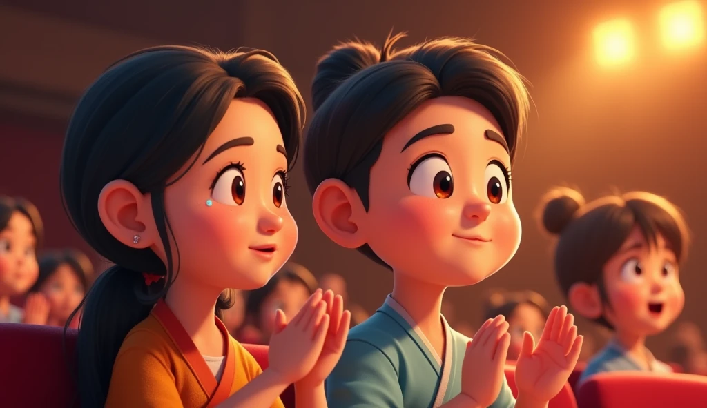 (highest quality, 4k, masterpiece:1.3), A close-up of two parents sitting together in an auditorium, smiling proudly as they watch their child perform on stage. The mother has a tear of joy in her eye, while the father claps softly, both wearing traditional and casual attire. The lighting is warm and soft, casting a gentle glow on their faces. The scene captures the emotional connection and pride of parents in a 2D animation style, with bright colors, cartoonish features, and soft, smooth shading.