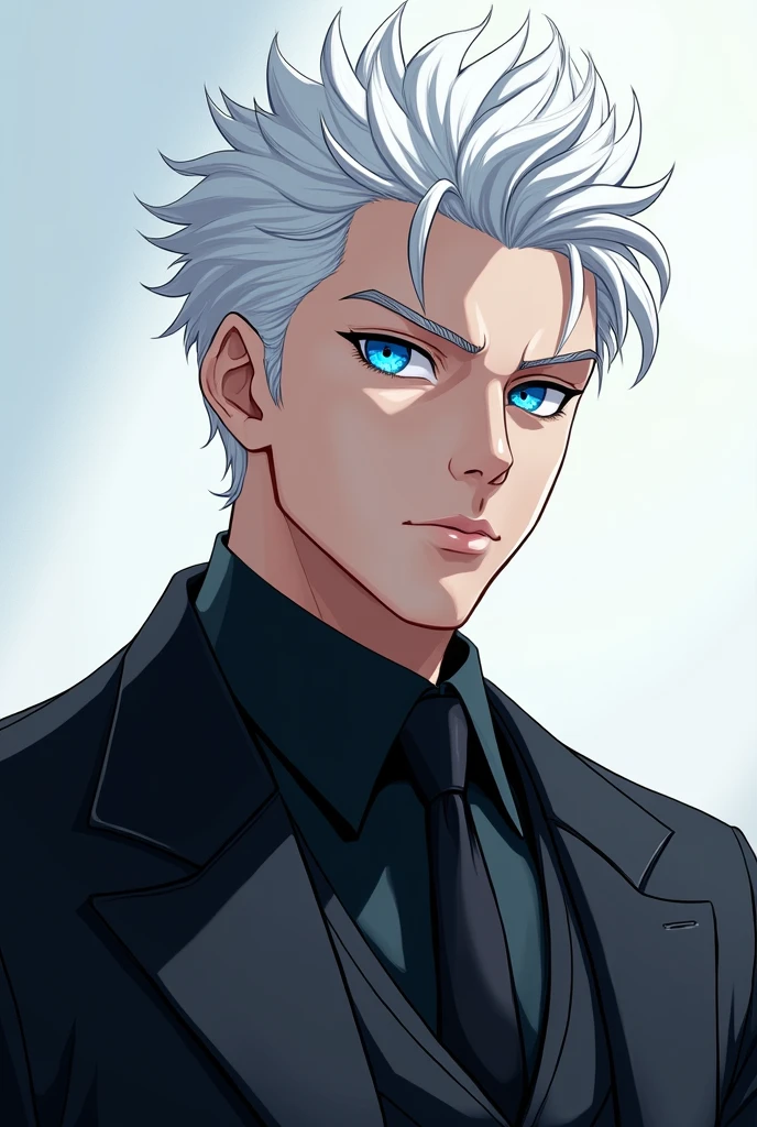 blue eyed man in black suit white hair anime