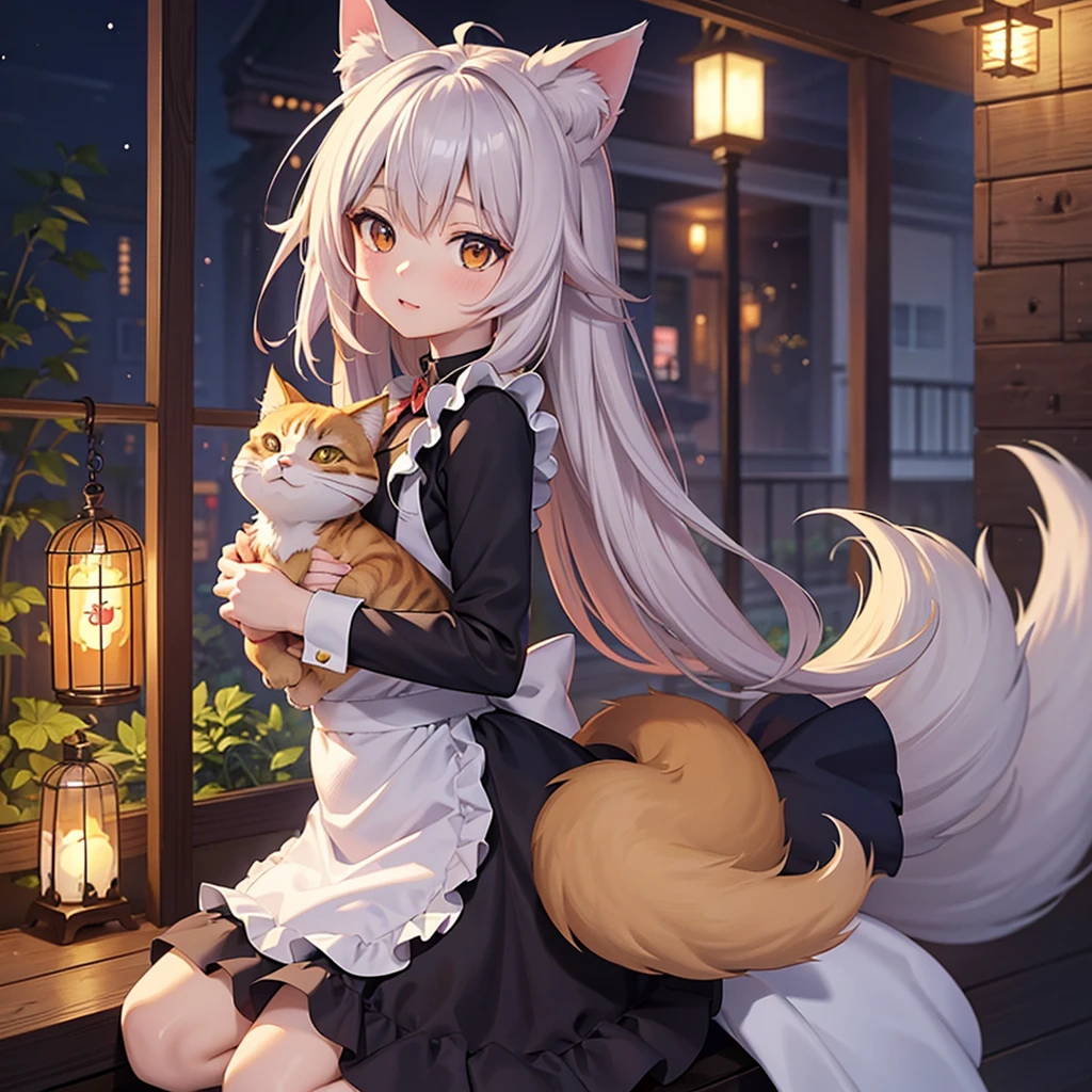 Anime Girl with a bird cage and a cat in her arms, Animation by Shitao, pixiv, Furry Art, very beautiful anime cat girl, beautiful anime catgirl, Fox Girl, Anime cat girl in maid costume, Cute anime catgirl, (Anime Girl), Cute anime, with kitsune mask, pixiv style, anime catgirl
