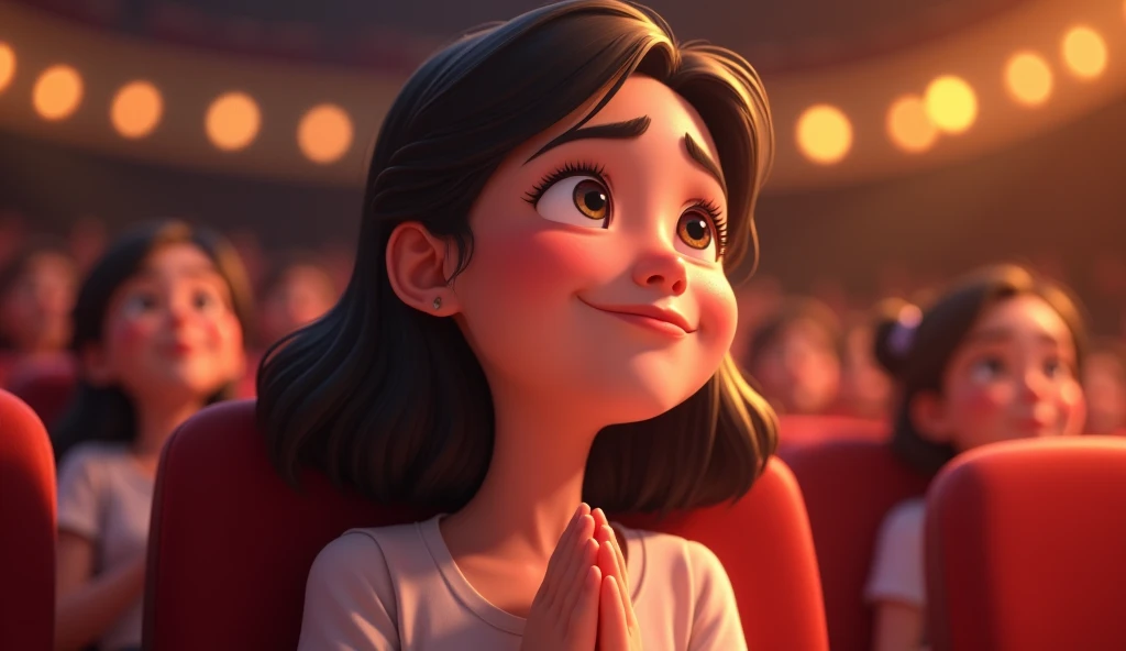 (highest quality, 4k, masterpiece:1.3), A close-up of a woman sitting in an auditorium, smiling with tears of joy in her eyes as she watches the stage. She has a soft, gentle expression, with her hands clasped together in front of her chest. The background is softly blurred, with warm lighting creating a serene, heartfelt atmosphere. The image is in a 2D animation style, with bright colors, cartoonish features, and soft, smooth shading, capturing the emotions of the moment.