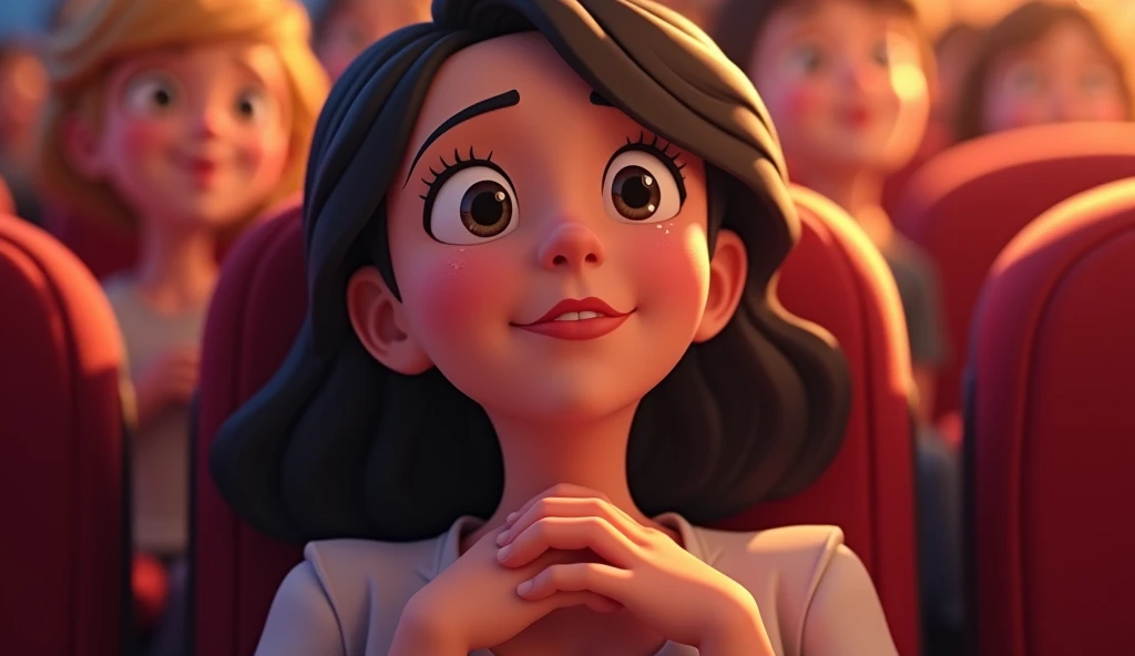 (highest quality, 4k, masterpiece:1.3), A close-up of a woman sitting in an auditorium, smiling with tears of joy in her eyes as she watches the stage. She has a soft, gentle expression, with her hands clasped together in front of her chest. The background is softly blurred, with warm lighting creating a serene, heartfelt atmosphere. The image is in a 2D animation style, with bright colors, cartoonish features, and soft, smooth shading, capturing the emotions of the moment.