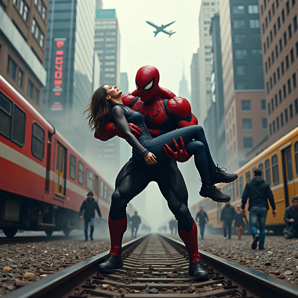 The image shows the venomcarrying an unconscious or injured woman while standing on train tracks in a cityscape. Behind him, there's a high-speed train and a jet flying overhead. The scene is chaotic, with people in the background running away in panic. This is another digitally manipulated or AI-generated image, blending superhero elements with a dramatic, action-packed setting. The Venom, with his immense strength and iconic Red appearance, is depicted as a protector or savior in a dire situation.