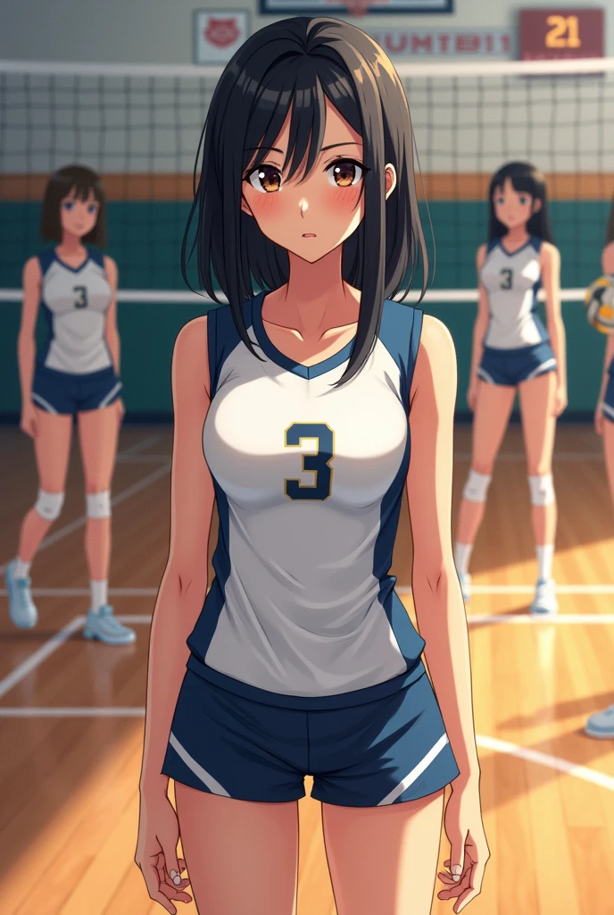Make a brunette girl with shoulder-length black hair and light brown eyes and she is thin but not too thin and she is very attractive and she is from Karasuno and they are in the Karasuno gym haikyu