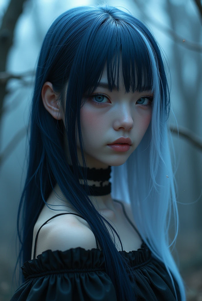 Create a girl with long 2b hair and light skin, The hair should be dyed blue-black and a white or silver streak, without bangs 