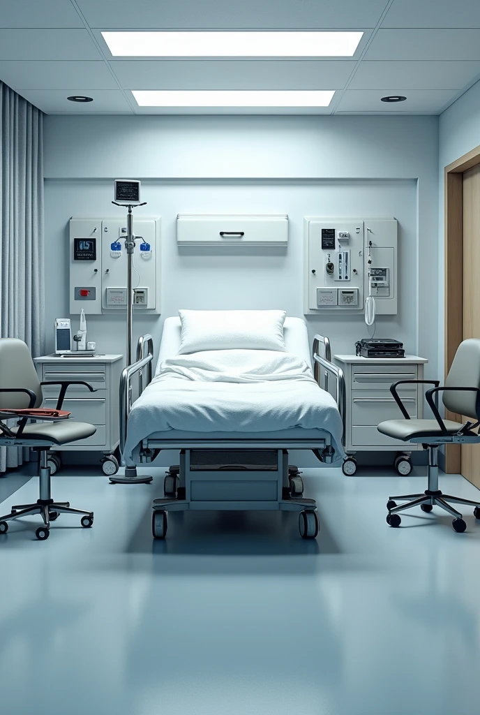 generates a trauma unit bed with the following objects: bedside table, bed with railing, armchair with tray, Stool, an IV pole, Wheelchair, HYDRAULIC CRANE and an arch splint