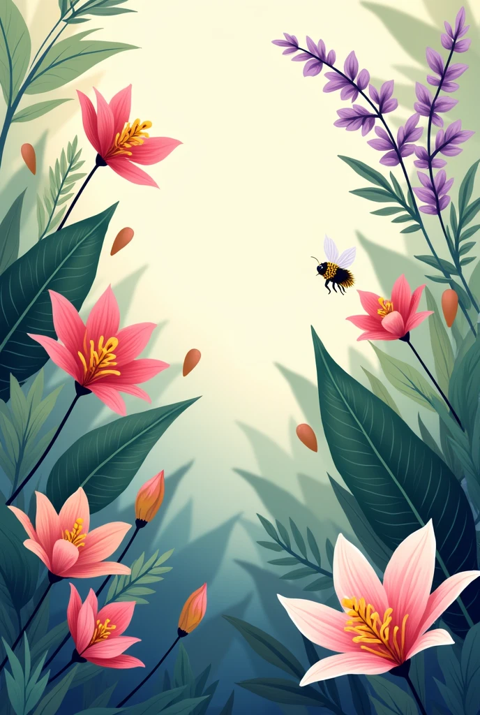 Organic vector painting with soft colors of tropical plants and flowers and a bee