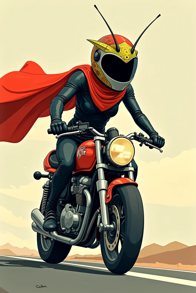 Biker with a helmet and grasshopper design , red scarf in 2D