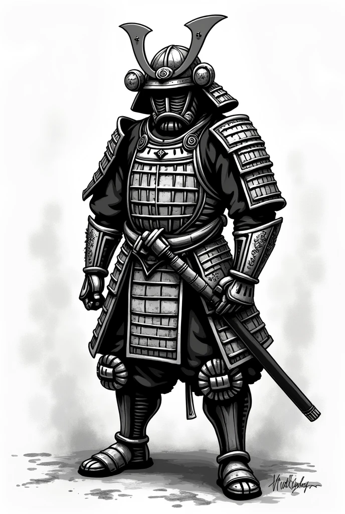 Drawing of a samurai armor in tattoo style in black and white 
