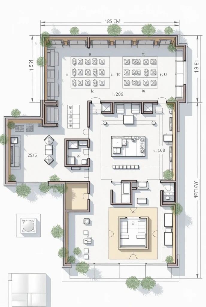 Architectural plan of a school cafeteria above