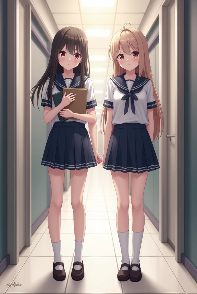 A beautiful girl in school uniform, another beautiful girl in school uniform carrying a book, they are the same height, facing forward, they are in the corridor