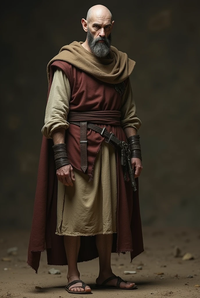 man of Jewish origin, 1 meter 60, calvo, having very crooked legs, stark, with furrowed eyebrows, with a slightly pronounced nose. Normal ears His clothes must be from the 1st century. show the whole body