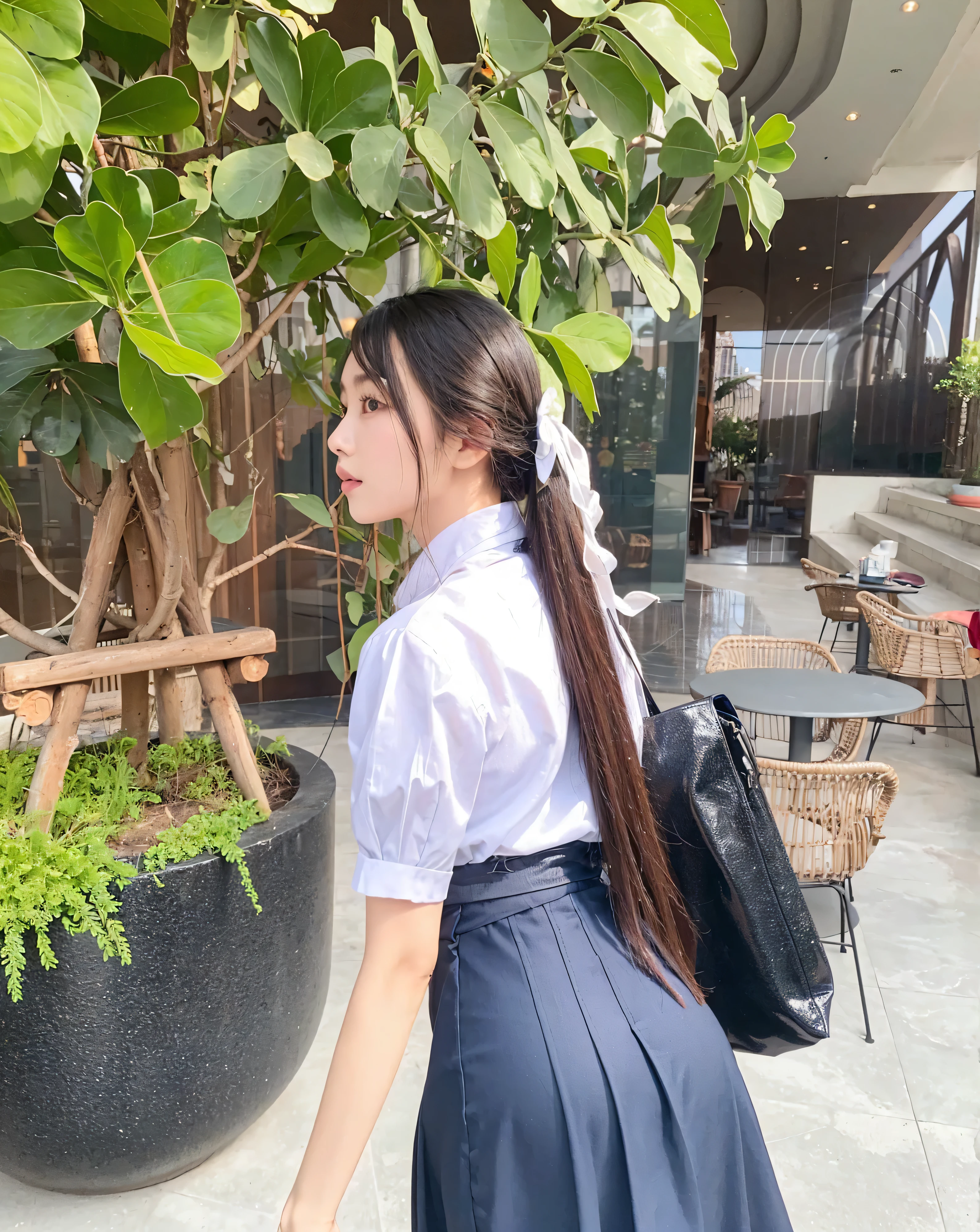 best quality, 8k, highly detailed face and skin texture, big booty long hair asian girl in blue short latex dress at balcony with sea view, looking at viewer, back view, sharp focus