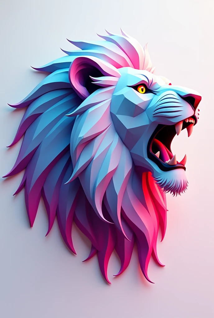 
Polygonal Logo Shadows Lion in profile Orange eyes with yellow, Black pupil Imposing Mane iridescent pink to blue White facial hair Roaring Without volume

