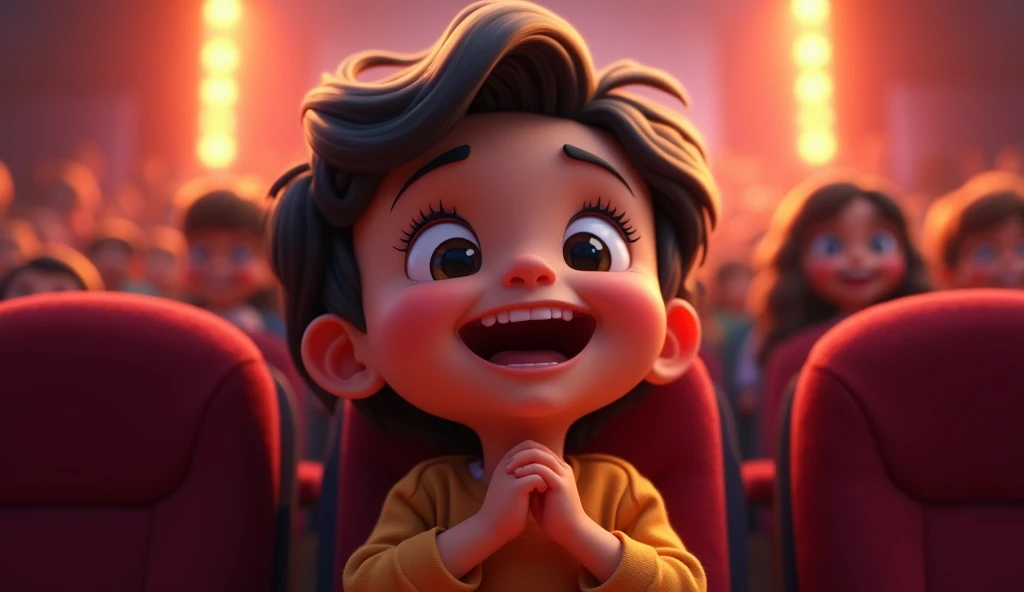 (highest quality, 4k, masterpiece:1.3), A close-up of a child sitting in an auditorium, with wide eyes and a big smile, watching the stage. The child's face is filled with wonder and excitement, hands clasped together on the lap. The background is softly blurred, with the glow of stage lights casting a warm hue. The image is in a 2D animation style, with bright colors, cartoonish features, and a joyful atmosphere, capturing the innocence and delight of the child.