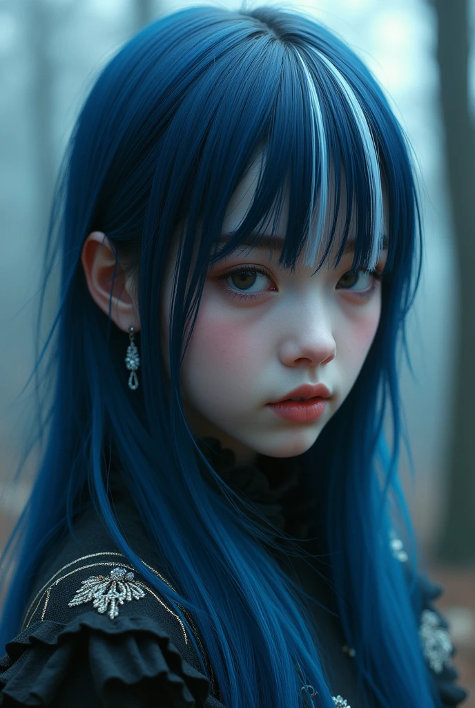Create a girl with long 2b hair and light skin, The hair should be dyed blue-black and a white or silver streak, without bangs