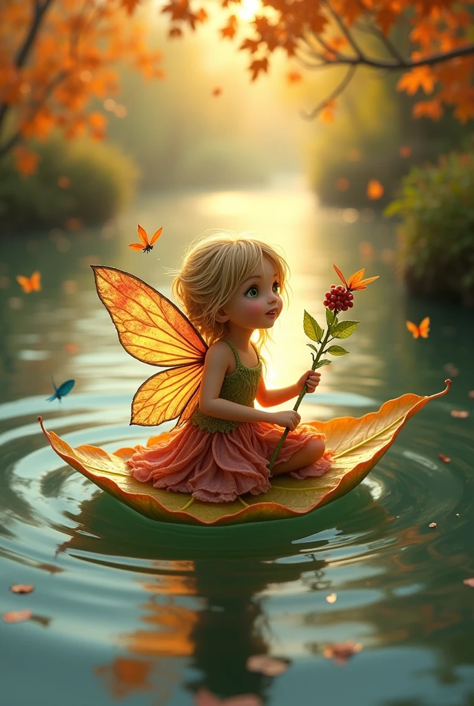 A vibrant, miniature fairy with iridescent wings, the size of a dragonfly, perched gracefully atop a glossy, autumn-hued leaf. The leaf, floating effortlessly on the serene surface of a gently flowing river, serves as her makeshift vessel. Her attire is a blend of soft, organic materials such as petals and spider silk, intricately woven to resemble a dress that flows with the same ease as the water beneath her. The fairy's features are delicate, with a tiny pointed nose, mischievous green eyes, and hair made of fine, golden strands of sunlit straw. She holds a wand adorned with dew-kissed berries and a sprig of mint, hinting at her nature-based magic. The riverbanks are lush with foliage, displaying a palette of warm oranges, reds, and yellows that mirror the changing seasons. Overhanging willow branches cast dappled shadows upon the water, creating a serene, natural tapestry. Dragonflies and butterflies flit around her, drawn to the fairy's ethereal presence. The scene is bathed in the soft, golden light of a setting sun, which casts a warm glow on the scene and reflects off the river's ripples, imbuing the entire image with a sense of tranquility and enchantment.