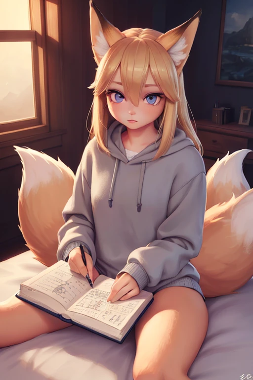 1 girl, blonde hair, animal ear hair, fox girl, multiple fox tails, oripathy injury, gray sweatshirt set, holding own tail, diary notebook in hand, sitting on bed, girl's bedroom, (best quality,4k,8k,highres,masterpiece:1.2),ultra-detailed,(realistic,photorealistic,photo-realistic:1.37),detailed eyes,beautiful detailed lips,extremely detailed eyes and face,long eyelashes,illustration,digital painting,vibrant colors,dramatic lighting,cinematic composition