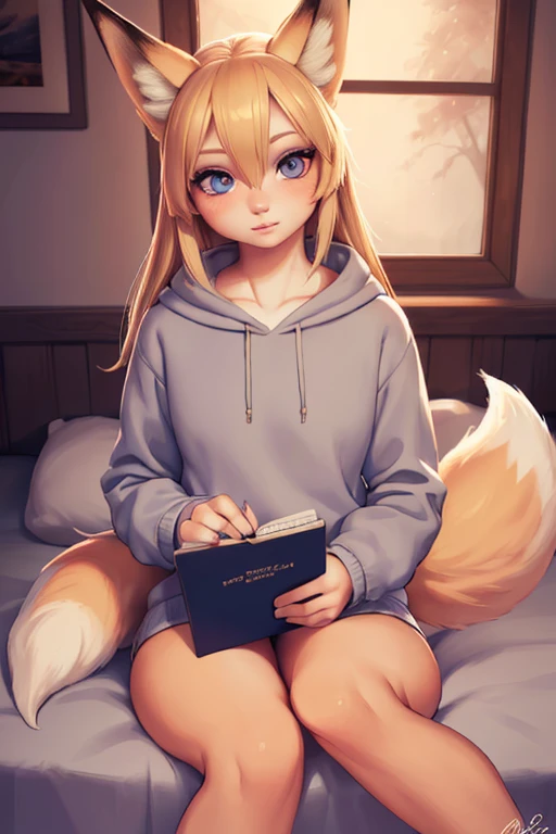 1 girl, blonde hair, animal ear hair, fox girl, multiple fox tails, oripathy injury, gray sweatshirt set, holding own tail, diary notebook in hand, sitting on bed, girl's bedroom, (best quality,4k,8k,highres,masterpiece:1.2),ultra-detailed,(realistic,photorealistic,photo-realistic:1.37),detailed eyes,beautiful detailed lips,extremely detailed eyes and face,long eyelashes,illustration,digital painting,vibrant colors,dramatic lighting,cinematic composition