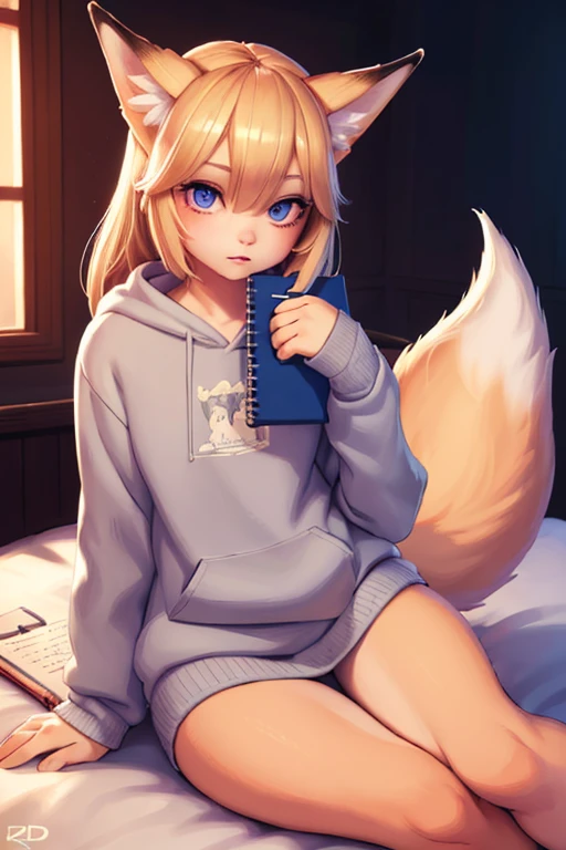 1 girl, blonde hair, animal ear hair, fox girl, multiple fox tails, oripathy injury, gray sweatshirt set, holding own tail, diary notebook in hand, sitting on bed, girl's bedroom, (best quality,4k,8k,highres,masterpiece:1.2),ultra-detailed,(realistic,photorealistic,photo-realistic:1.37),detailed eyes,beautiful detailed lips,extremely detailed eyes and face,long eyelashes,illustration,digital painting,vibrant colors,dramatic lighting,cinematic composition