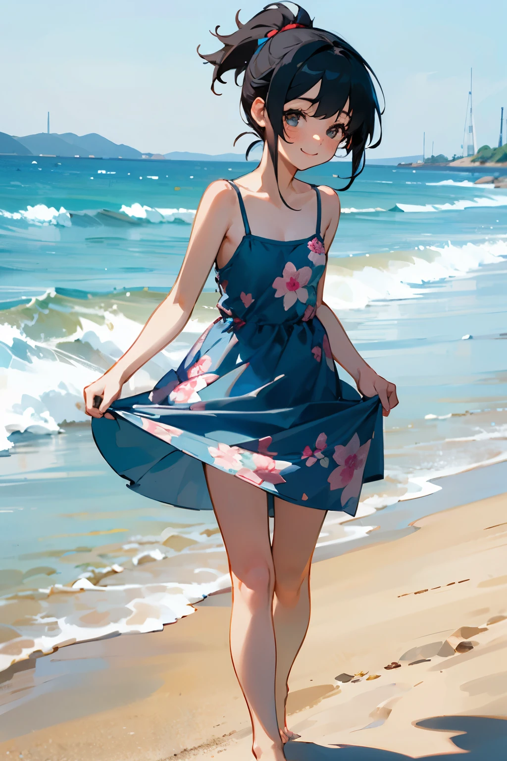 NSFW、In the best quality、age girl standing on a sandy beach。In high resolution、Beautiful details、Quiet atmosphere。Black hair ponytail、Cute Smile.。Small breasts、Cute floral blue camisole dress、barefoot。