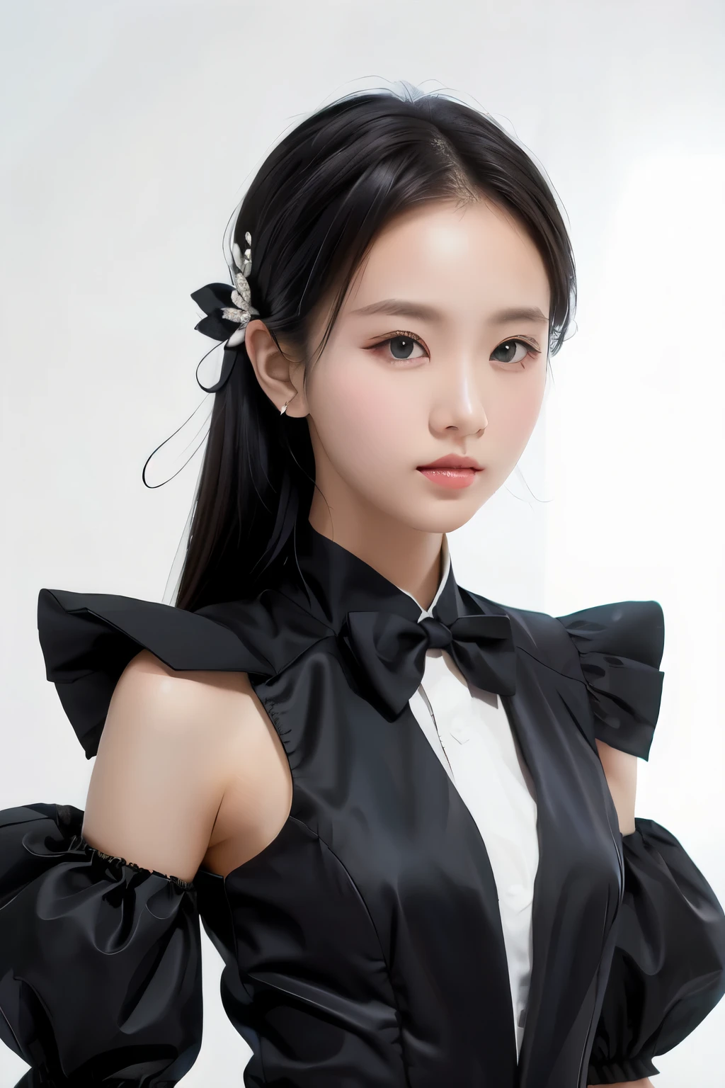 1 woman, Black random suit, white background,