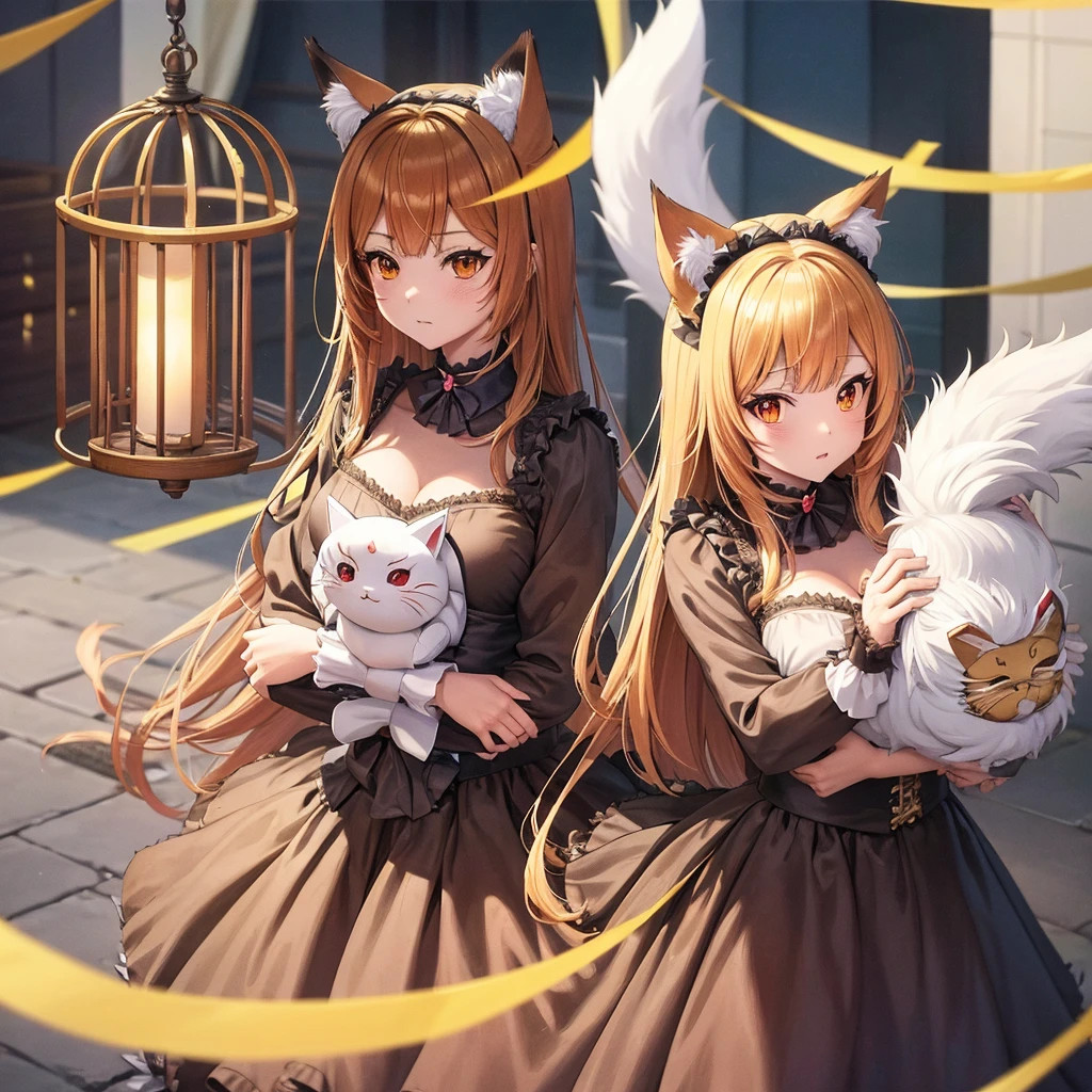 Anime Girl with a bird cage and a cat in her arms, Animation by Shitao, pixiv, Furry Art, very beautiful anime cat girl, beautiful anime catgirl, Fox Girl, Anime cat girl in maid costume, Cute anime catgirl, (Anime Girl), Cute anime, with kitsune mask, pixiv style, anime catgirl