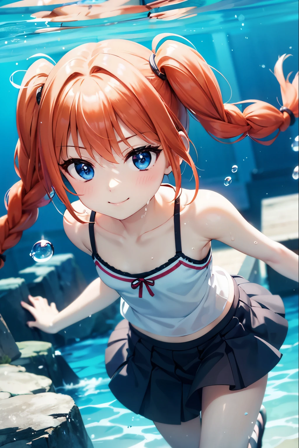 Life 、Orange haired and blue eyed anime character on underwater background, whole、Closed Mouth、smile、Laughter、The physics of hair in water,Air bubbles,Light coming from the water,Reflective plate,Put in water,Separate the water layer,Lots of fish、Beautiful fish、Fish school,Swimming gracefully、beauty、Highly detailed CG Unity 8K wallpapers, [3D Images:1.1],Attractive eyes、[[Detailed eyes、Colorful eyes、Shining Eyes:1.1]], Braided twin tails, Cute light blue camisole、Long skirt,Vitor