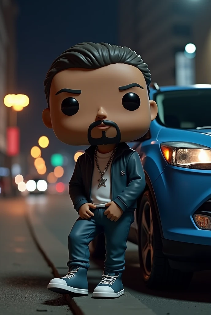 Create a funko pop of a 2 guy with a goatee and a bit of a mustache wearing a silver necklace leaning against a 2013 Ford Kuga and a nighttime street in the background