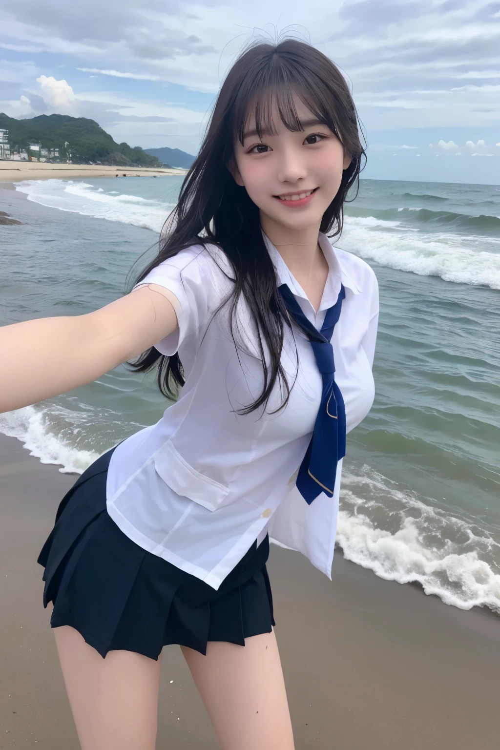 RAW photo, (8K), (best quality:1.2), (real), (real:1.37), ultra-high resolution, high school girl selfie, (one woman, half Korean and half Ukrainian, 80% Korean, she is standing on the beach. RAW photo, 8K, best quality, ultra-high resolution, beautiful facial details, real human skin, gentle expression, front, angle from below, hair length, real, cute, short skirt, sea, cute high school girl, she is a little wet with sea water in Japanese uniform, Japanese clothes, surreal high school girl, full body lesbian, big breasts, upper body, face close-up, big smile