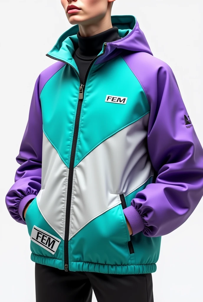A windbreaker jacket for a minimalist and creative advertising agency on the sleeves, with curved designs, with turquoise colors, purple, white and silver, and the letters FEM in large letters at the bottom left and the text @fullempresas in small in the chest